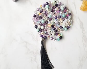 SALE! Fluorite Mala, Fluorite Necklace, 108,  Mermaid Glass, Blue Amazonite Mala, Knotted, Yoga, Gemstone Prayer Beads, Yoga Gift, Mermaid
