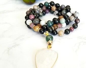 GOOD VIBRATION MALA, Ruby Mala, Obsidian, Moonstone Mala, Moon Goddess, Mindfulness, New Beginnings, Agate, Yoga, Healing, Ethically Sourced