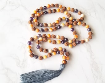 CONNECTED & AWARE Calcite Mala, Rudraksha Mala, Amethyst Mala, Orange Calcite Necklace, Mindfulness, Chakra Mala, Knotted, Yoga Gifts, 108