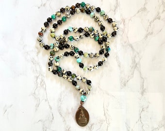 Buddha Mala, Smoky Quartz , Genuine Chrysocolla Mala, Dalmatian Jasper, Yoga Gifts for Her & Him, Chakra Mala, Mantra Meditation Gift