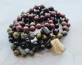 Envision & Manifest Mala, Citrine Mala, Bloodstone Mala, Gold Obsidian Necklace, Black Gold Obsidian Mala, Root Chakra, Natural, Tourmaline