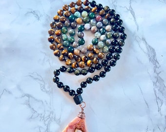 Renew and Restore Mala, Gold Black Obsidian, Tigers Eye, Indian Agate, Picasso Jasper, Tourmaline, 108, Unisex Prayer Beads, Yoga Jewelry