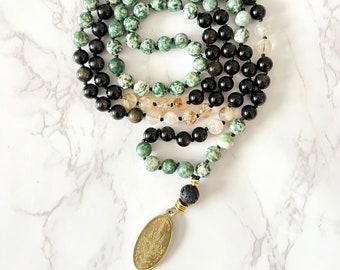 Clear Your Mind Mala, Citrine Mala, Green Spot Jasper, Antique Amulet, Gold Obsidian Necklace, Obsidian Mala, Root Chakra, Natural, Lava