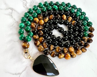 Malachite Mala, Genuine Malachite, Black Onyx, Tigers Eye, 108, Unisex Prayer Beads, Yoga Jewelry