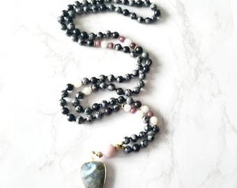 COMPASSION MALA Snowflake Obsidian Mala, Moonstone Mala, Ruby, 108, Yoga, Labradorite, Mindfulness, Ethically Sourced, Kunzite Guru, Healing