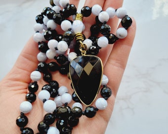 Stand Your Ground Mala, Blue Lace Agate Mala, Gold Obsidian,  Onyx, 108, Faceted Beads, Natural Gemstones, Grounding, Chalcedony Beads
