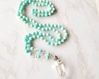 TRANQUILITY MALA Amazonite Mala, 108 Faceted, Green Amazonite, Clear Quartz Point, Crystal Quartz, Heart Chakra, Natural Healing, Yoga Gifts