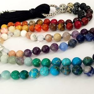 108 Bead Knotted 7 Chakra Mala Rainbow Necklace or Wrap Bracelet, Balancing, yoga, Meditation, Pink Himalayan Salt Rock, Yogi Christmas Gift image 1