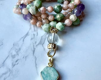 Green Amazonite Mala | Amethyst | Sunstone | Knotted Mala | 108 Beads | Amazonite Necklace | Heart Chakra | Bracelet