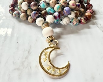 STABILITY MALA, Moon, Purple Sea Sediment Jasper, White Howlite, Knotted Mala, Turquoise, Prayer Beads, Crown Chakra, Purity, Wrap Bracele