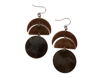 Antique Copper Earrings, Moonphase, Crescent Moon Dangling Earrings