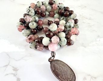Buddha Mala, Garnet, Strawberry Quartz Mala, Kiwi Jasper, Yoga Gifts for Her & Him, Chakra Mala, Mantra Meditation Gift, Vintage Pendant