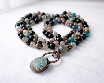 Obsidian Mala | Tourmaline Mala | Labradorite | Blue Apatite | Copper |  Gold Obsidian Necklace, Root Chakra, Natural