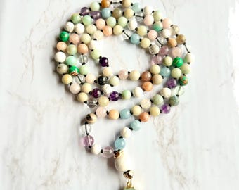 HOPE MALA, Amazonite, White Howlite, Aquamarine, Knotted Mala, Sea Sediment, Prayer Beads, Crown Chakra, Purity, Wrap Bracelet