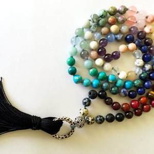 108 Bead Knotted 7 Chakra Mala Rainbow Necklace or Wrap Bracelet, Balancing, yoga, Meditation, Pink Himalayan Salt Rock, Yogi Christmas Gift image 6