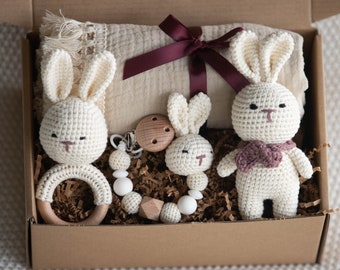 Baby Gift Set Newborn Gift 4 piece crochet Bunny Baby Gift Set Rattle Set Baby Gift Crochet Animals Gender Neutral Baby Gift Muslin Blanket