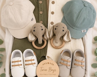 Twin Baby Gift Box | Personalized Twin Boys Gift Set | Elephant Rattles, Matching Outfits & Hats | Baby Shower Gift