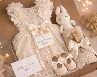 Baby Girl Keepsake Gift Set – Lace Dress Outfit, Newborn Gift Box, Baby Shower Gift, Handmade Baby Girl Set
