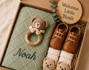 Luxury Personalized Baby Gift Box, Neutral Newborn Gift Set, Baby Shower Gift, Custom Baby Name Blanket, Baby Boy Gift, Baby Girl Gift