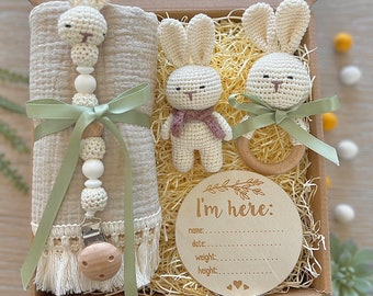 Baby Gift Set Newborn Gift 4 piece crochet Bunny Baby Gift Set Rattle Set Baby Gift Crochet Animals Gender Neutral Baby Gift Muslin Blanket