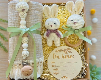 Baby Gift Set Newborn Gift 4 piece crochet Bunny Baby Gift Set Rattle Set Baby Gift Crochet Animals Gender Neutral Baby Gift Muslin Blanket