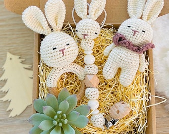 Baby Gift Set Newborn Gift 3 piece crochet Bunny Baby Gift Set Rattle Set Baby Gift Crochet Animals Gender Neutral Baby Gift Baby Shower