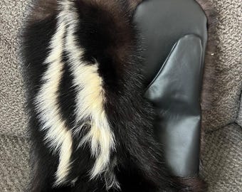 Real Skunk Fur Mittens - Leather Palms- Fleece lined