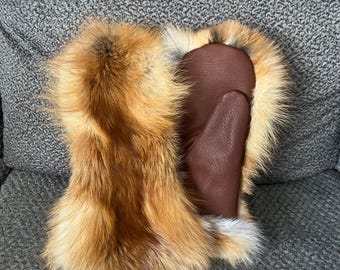 Real Red Fox Fur Mittens - Buffalo Palms - Fleece lined