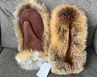 Real Red Fox Fur Mittens - Buffalo Palms - Fleece lined