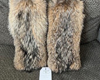 Real Coyote Fur Mittens - Leather Palms - Fleece lined
