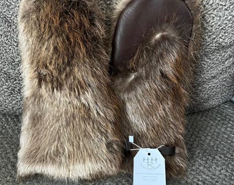 Real Beaver Fur Mittens - Leather Palms- Fleece lined