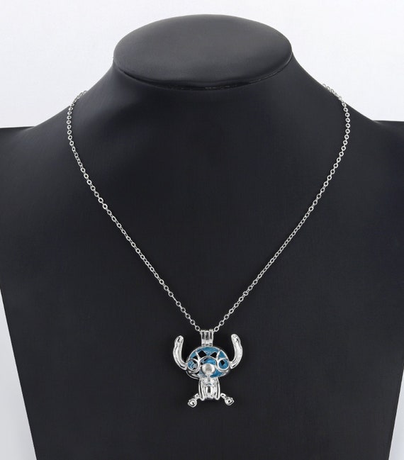 NEW Disney Stitch Silver Plated Blue Pearl Beads Cage Necklace