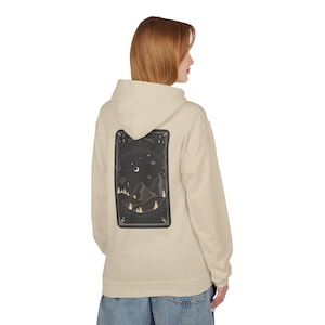Hemels berglandschap fleece hoodie, tarotkaart sweater, kosmische kunst trui met capuchon, betoverde bovenkleding, mindful cadeau voor moeder