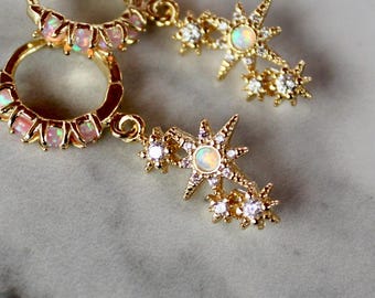 pink opal star huggie earrings, gold huggie earrings, star burst earrings, gold earrings, celestial, gift, gift for her, jewelry, opal