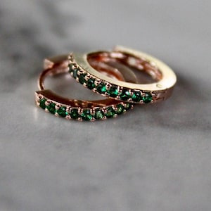 emerald huggie earrings, rose gold earrings, bridesmaid earring, gift for her, holiday, emerald rose gold, emerald earrings, green earrings