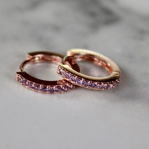 amethyst huggie earrings, gift for her, earrings under 30, rose gold earrings, rose gold plated, purple earrings, huggie, hoop earrings