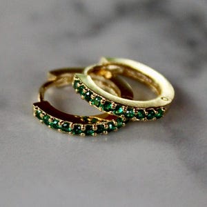 emerald huggie earrings, gold earrings, bridesmaid earring, gift for her, sterling silver, holiday, summer jewelry, mothers day, emerald