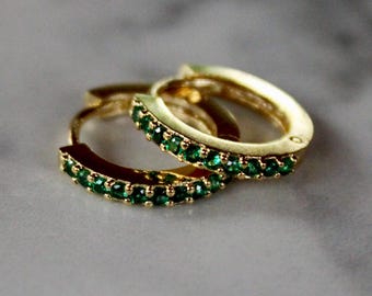 emerald huggie earrings, gold earrings, bridesmaid earring, gift for her, sterling silver, holiday, summer jewelry, mothers day, emerald