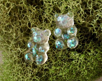clear glitter gummy bear stud earrings, gummy bear jewelry, 90s jewelry, gift, gift for her, stud earrings, fun earrings, holiday, christmas