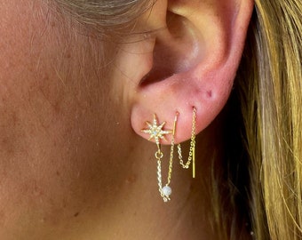 opal and gold star threader earring, gift, jewelry, gold earring, single earring, opal jewelry, gift, gift for her, multiple piercing, mom