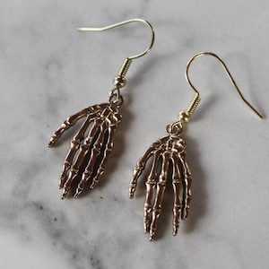 skeletal hand earrings, gold skeleton earrings, gold earrings, jewelry, gift, gift for her, halloween, halloween jewelry, samhain, october