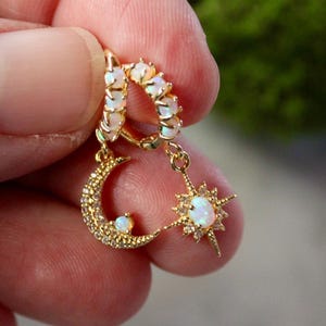 opal moon and star earrings, gold earrings, celestial, small hoops, gold huggies, opal earrings, opal jewelry, opal huggie, opal birthstone