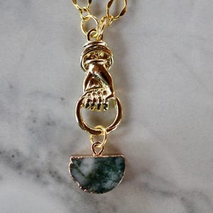 gold moss agate pendant necklace, gold necklace, gold jewelry, moss agate jewelry, necklace under 30, jewelry under 30, statement necklace