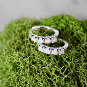 silver opal huggie earring, bridesmaid earring, bride, gift for her, sterling silver, opal hoops, holiday, spring jewelry, small hoops, opal