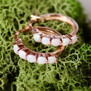 rose gold opal huggies, huggy earrings, rose gold hoop earrings, opal jewelry, opal earrings, opal birthstone, gift, hypoallergenic, rose