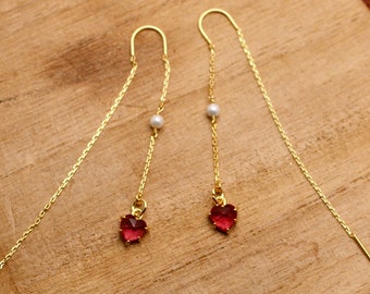 heart threader earrings, heart gold earrings, long chain earrings, love, valentine's day, heart earrings for her, gift, gold jewelry, heart