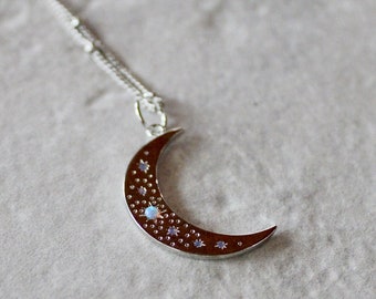 opal silver moon necklace, silver necklace, crescent moon necklace, opal necklace, gift, gift for her, delicate jewelry, holiday, siilver