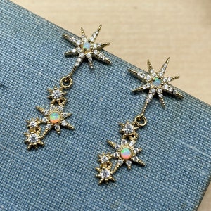 opal star earrings, star burst, celestial, moon and stars, gold dangle earrings, gift, gift for her, sterling silver posts, hypoallergenic