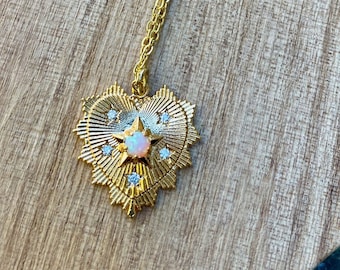 opal gold heart necklace, gold jewelry, gold heart necklace, opal necklace, opal birthstone, october birthstone, jewelry, gift, gift for her