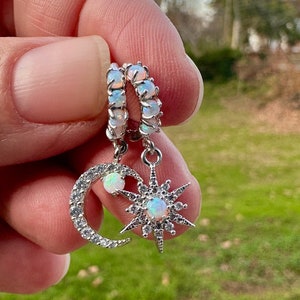 silver opal huggies, silver opal earrings, moon and star earrings, silver opal, opal huggies, opal earrings, celestial, gift, gift for her